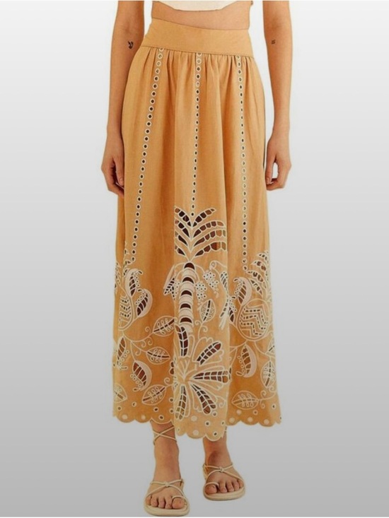 FARM Rio Dresses & Skirts - FARM Rio Tan Maxi Skirt with White Cutwork Embroidery